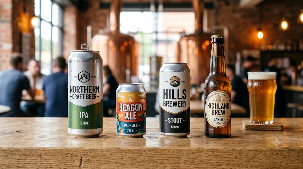 1L aluminum can next to 330ml, 500ml aluminum cans and a glass bottle on a brewery bar